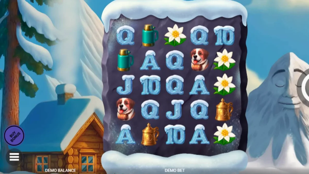 Pemandangan pegunungan bersalju dalam slot Avalanche dengan simbol Yeti dan fitur kaskade