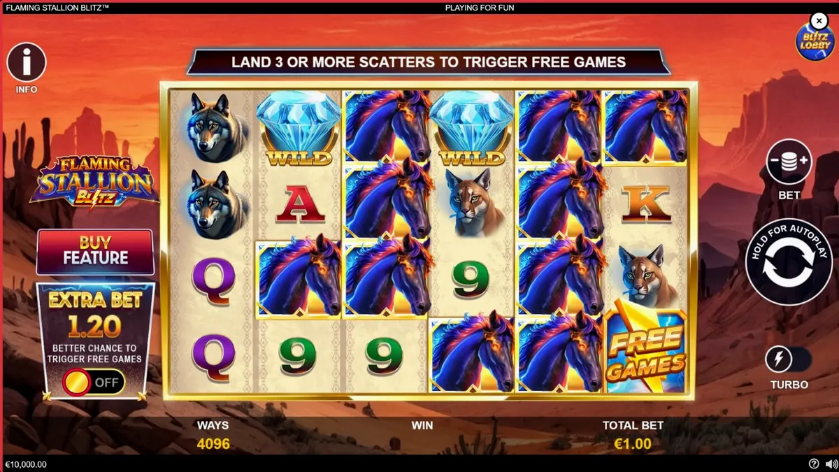 Tampilan visual slot Flaming Stallion Blitz dengan latar belakang gurun dan kuda api