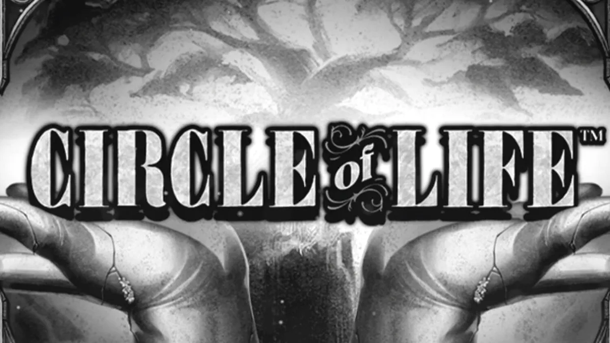 Tampilan visual slot Circle of Life dengan estetika monokrom dan pohon kehidupan yang bercahaya