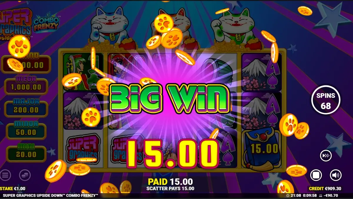 Tampilan visual slot Super Graphics Upside Down dengan tema anime dan kucing hoki